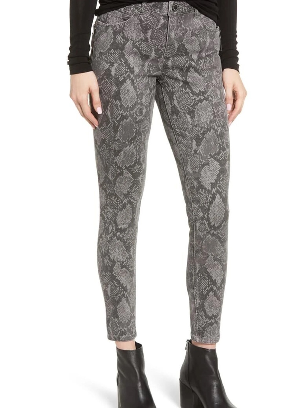Wit & Wisdom Jeans, Gray Snake-Print Ankle Skinny Denim, Moto Zip, Size 6, W29